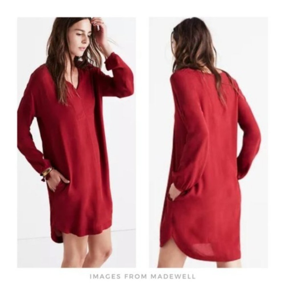 Madewell ▪ Dusty Red Du Jour Three Quarter Sleeve Shirt-Style Shift Tunic Dress